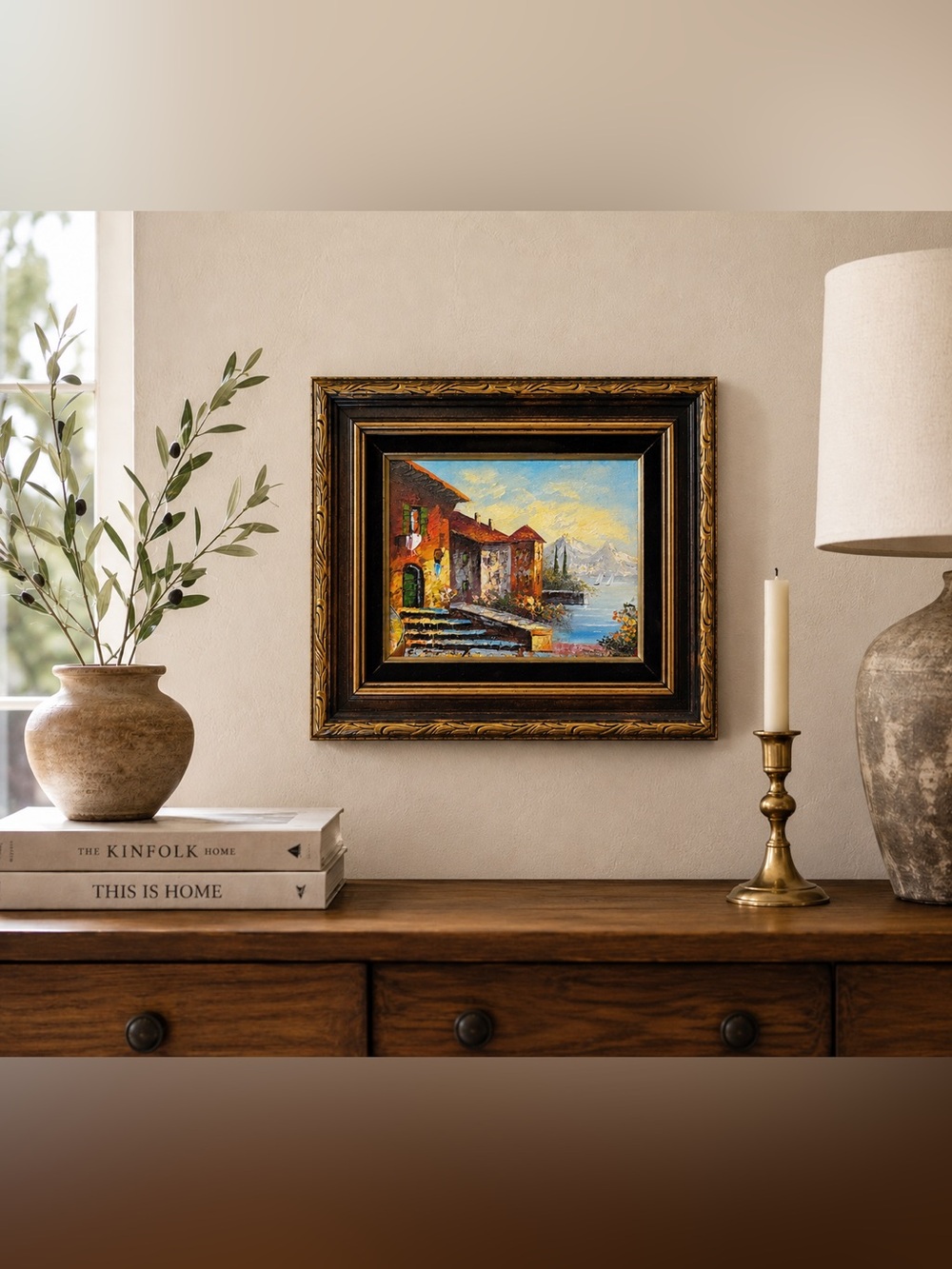 Vintage Mediterranean Signed Oil Painting in Ornate Frame | European Summer